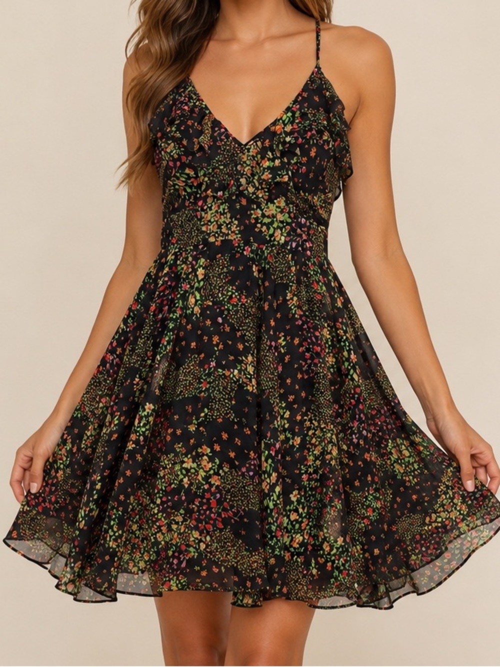 Ark & Co Floral Print Black V-Neck Spaghetti Strap Dress
